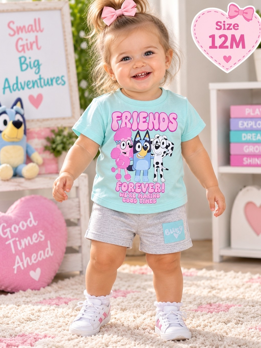 Blueby NWT 2-Piece Friends Forever Outfit Set 12M Mint Tee Gray Shorts 🐾💙✨